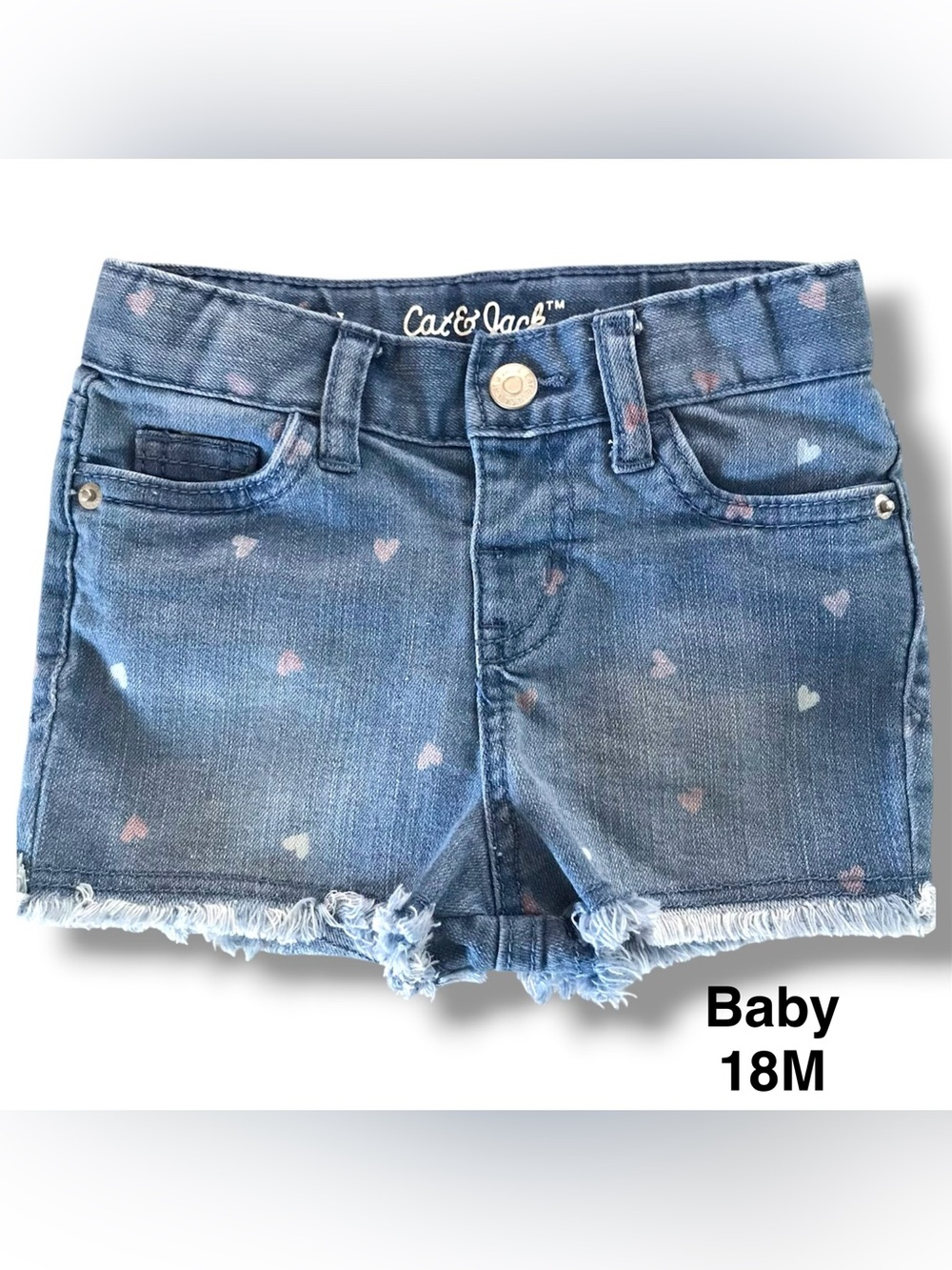 Cat & Jack Blue Denim Shorts with Pink & White Heart Print Size 18 Months